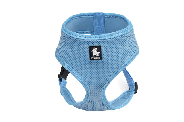 Soft mesh dog harness in vibrant blue for small dogs, featuring adjustable straps and secure buckle for comfort and safety.