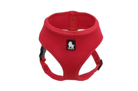 Vibrant red soft mesh dog harness for large dogs, featuring breathable fabric, secure buckle, and adjustable straps for comfort.