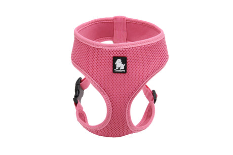 Pink large dog harness made of soft mesh for comfort, featuring adjustable straps and secure buckle lock for safety.