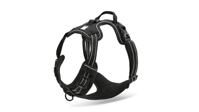 Deluxe X-Small black dog harness featuring reflective mesh, dual-attachment points, and a durable handle for comfort and control.