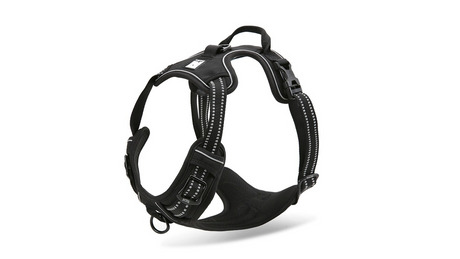 Deluxe Medium Black Dog Harness with breathable mesh, adjustable fit, reflective stitching, and dual leash attachment points.