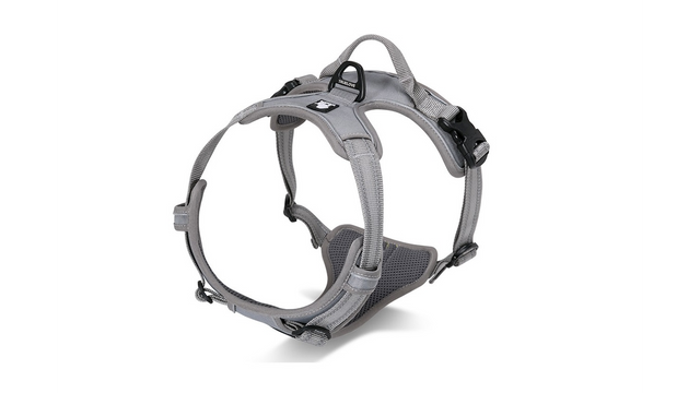 Large grey mesh dog harness featuring soft padding, durable rings, reflective material, and a comfortable handle for walks.