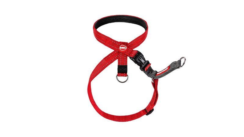 Red XS ED Crosscheck Harness for dogs, featuring a no-pull design, escape-proof fit, and multiple leash attachment points.