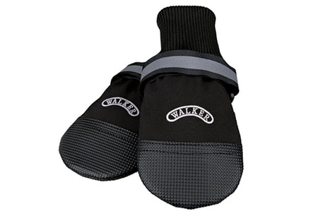 Dog boots for small breeds, featuring soft cuffs, reflective stripes, and padded fleece lining for comfort and protection.