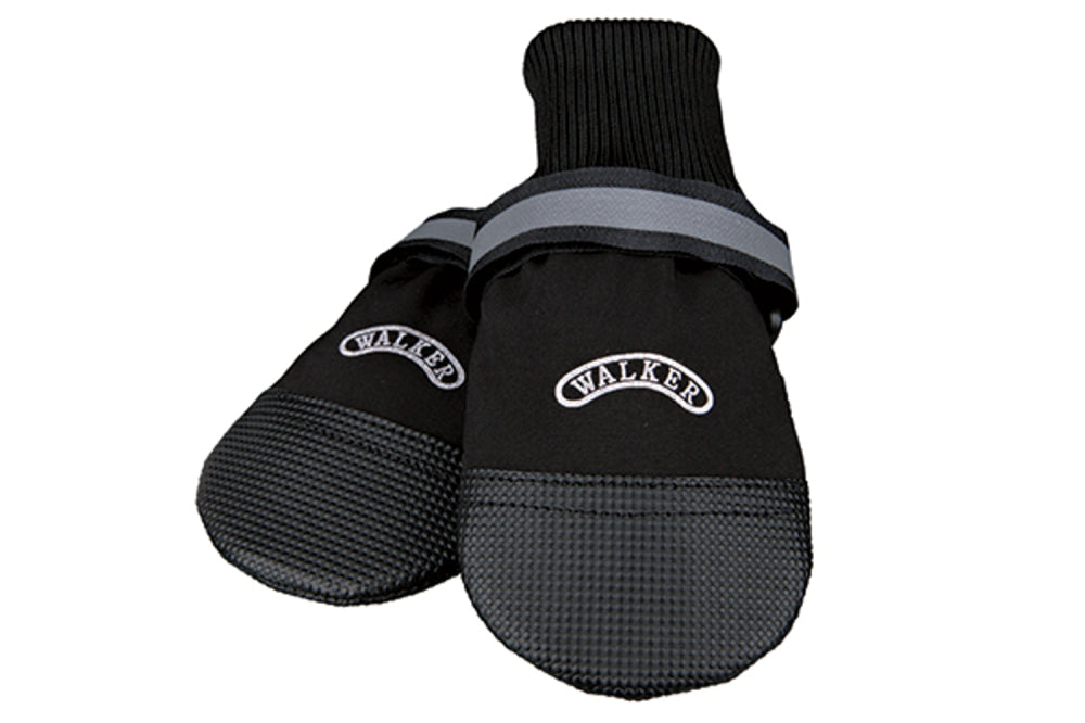 Protective dog boots for large breeds, featuring soft cuffs, reflective stripes, and fleece padding for comfort and safety.