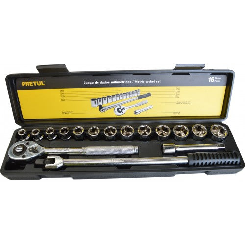 17-piece metric wrench socket set by Pretul featuring carbon steel construction, chrome finish, and a durable storage case.