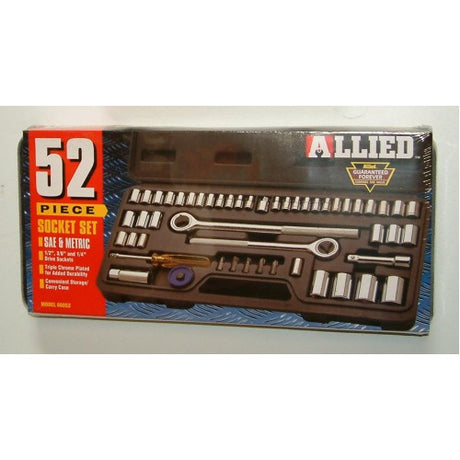 52-piece socket wrench set in 3/8" and 1/4" sizes, ideal for automotive repairs and home projects with durable ergonomic tools.