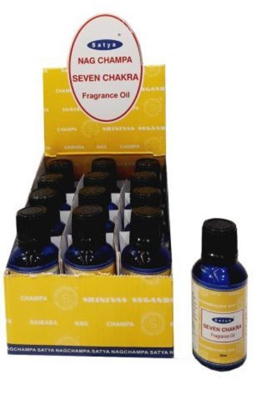 Display box of 12 Satya essential oils, designed to align chakras and promote holistic well-being through aromatherapy.