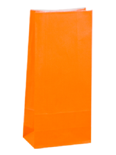 Bright orange paper bags, 26 x 13 cm with 80 cm gusset, ideal for gifts and favors, eco-friendly and easy to personalize.