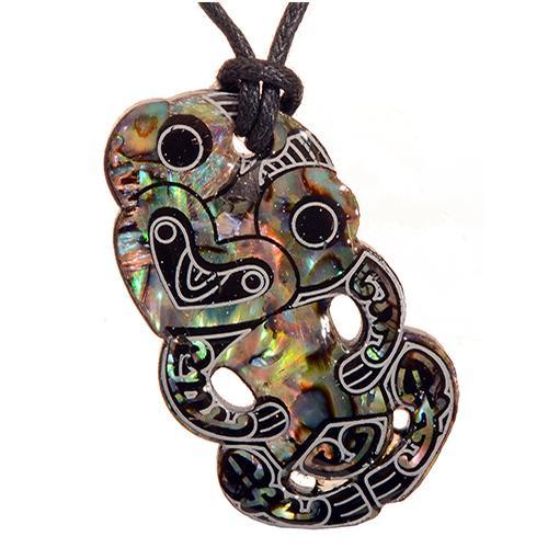 Paua Fancy Tiki Pendant on black cord, showcasing vibrant paua shell colors and intricate designs, symbolizing protection and luck.