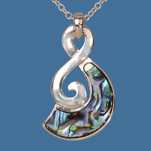 Twist Paua Pendant featuring colorful paua shell in a rhodium-plated design, symbolizing life's journey and strong bonds.
