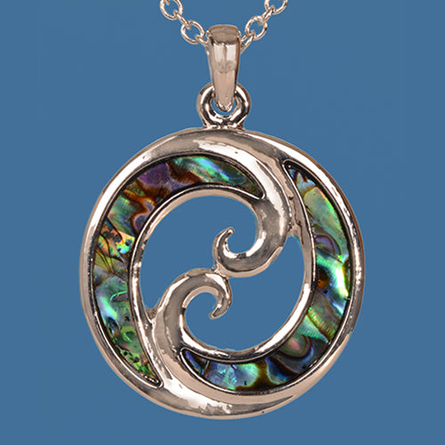 Double Koru Paua Pendant on a rhodium chain, showcasing unique colorful patterns symbolizing new beginnings and growth.