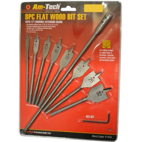 Flat Wood Bit Set 8pc with extension featuring precision bits for accurate drilling in various materials up to 32mm.