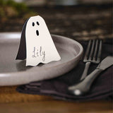 Charming ghost-themed paper place cards for autumn gatherings, eco-friendly, 6-pack, perfect for Halloween and Thanksgiving.