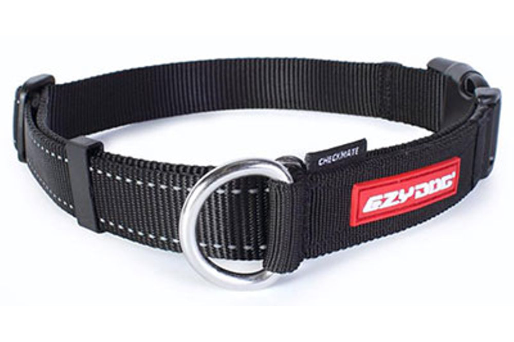 Black EzyDog Checkmate Medium Dog Collar, adjustable 13-18" neck, reflective stitching, durable nylon for safe training.