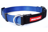 EzyDog Checkmate Large Blue Dog Collar featuring durable materials, quick-release buckle, adjustable fit, and reflective stitching for safety.