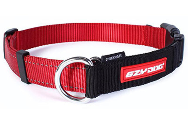 Bright red EzyDog Checkmate Small Dog Collar for neck sizes 10-13 inches, designed for comfort, safety, and easy training.