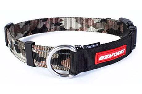 EzyDog Checkmate Medium Dog Collar in camo, adjustable, safe, durable nylon with reflective stitching for visibility.