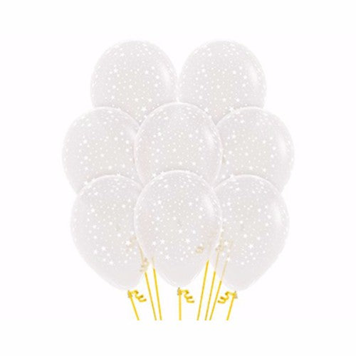 Pack of 12 small stars on diamond clear latex balloons, perfect for adding charm to any celebration or event.