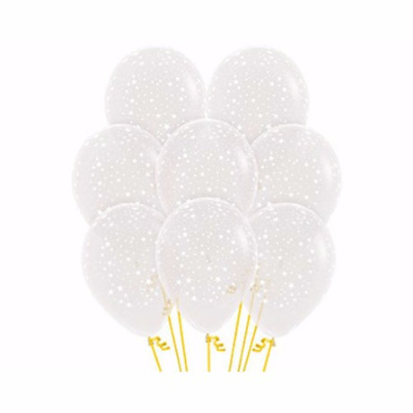 Pack of 12 small stars on diamond clear latex balloons, perfect for adding charm to any celebration or event.