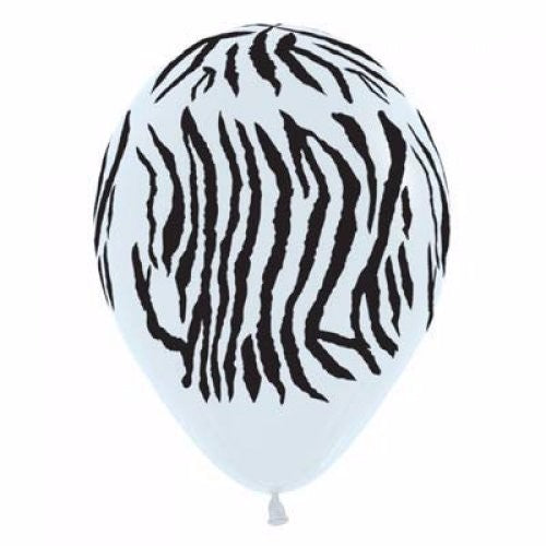 Pack of 12 black and white zebra print balloons, perfect for adding fun to any celebration or themed event.