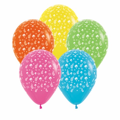 Vibrant pack of 12 Hawaiian-themed latex balloons, perfect for tropical parties and celebrations, measuring 30cm each.