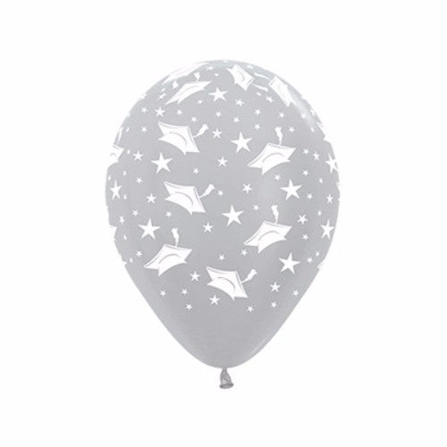 Metallic silver balloons featuring graduation hats and stars, perfect for adding elegance to your graduation celebration. Pack of 12.