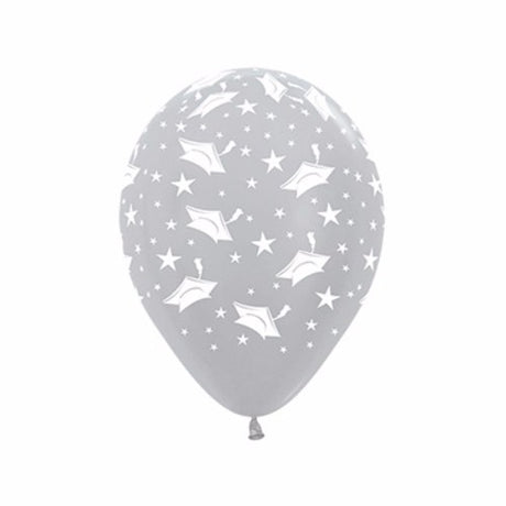 Metallic silver balloons featuring graduation hats and stars, perfect for adding elegance to your graduation celebration. Pack of 12.