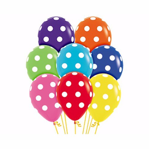 Vibrant pack of 12 assorted latex balloons with playful polka dot patterns, perfect for any festive decor.