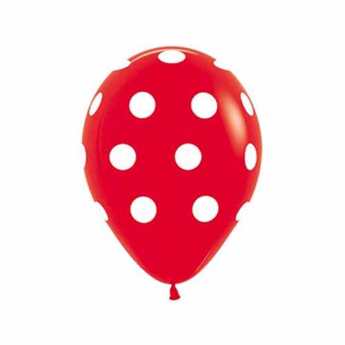 Vibrant pack of 12 red latex balloons with white polka dots, perfect for festive celebrations and party decor.