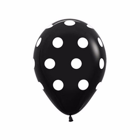 Pack of 12 Polka Dots on Fashion Black Balloons adding elegance and fun to celebrations; durable latex, 30cm size.