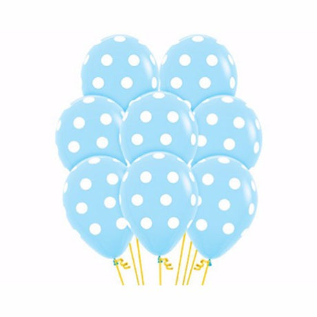 Pack of 12 pastel blue latex balloons with colorful polka dots, perfect for decorating parties and celebrations.