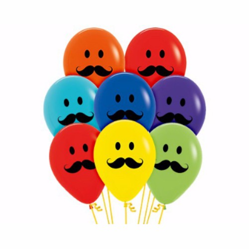 Colorful 30cm latex balloons featuring playful smiley moustache faces, perfect for festive celebrations. Pack of 12.