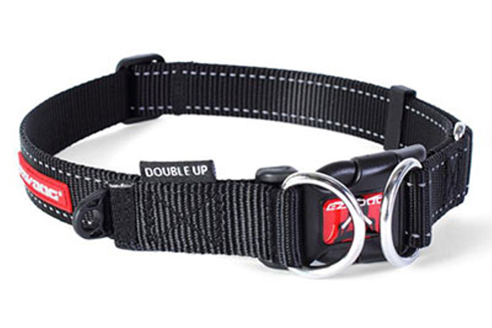 EzyDog Double Up Small Dog Collar in black, featuring double D-Rings, soft webbing, and reflective stitching for safety.