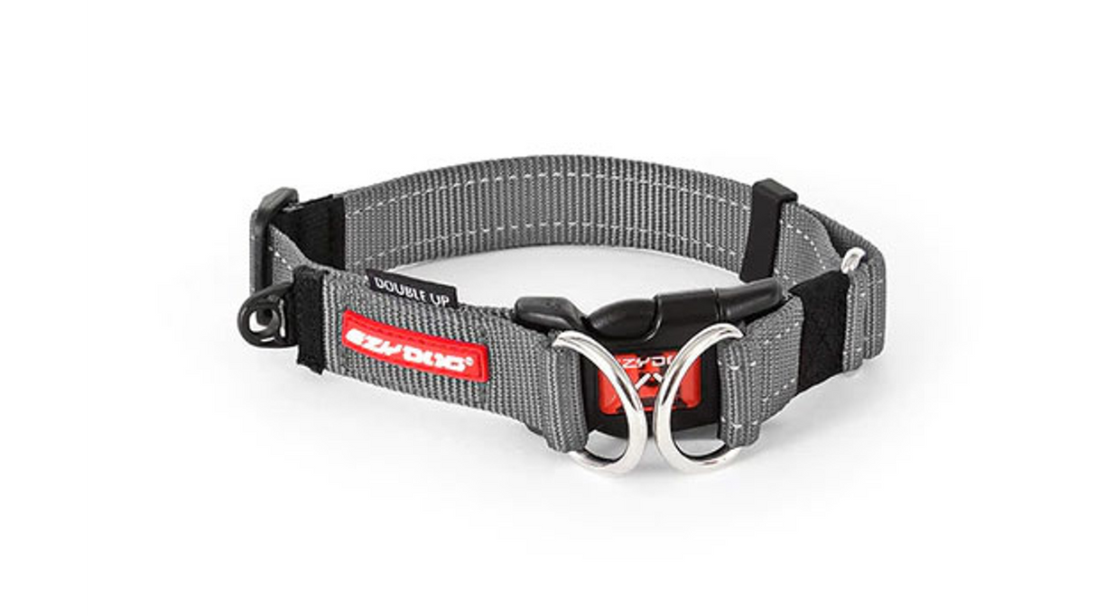 Durable grey dog collar for small dogs with double D-Rings for safety and soft webbing for comfort. Reflective for visibility.