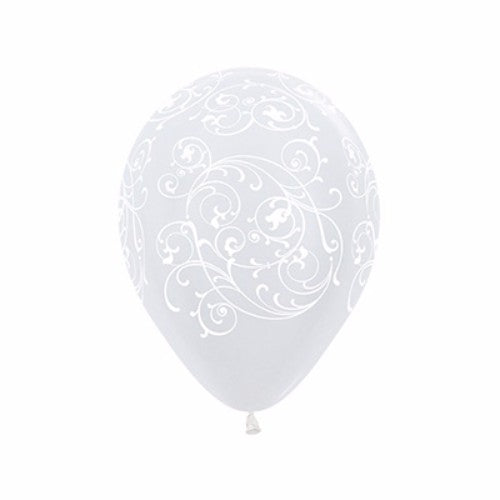 Pack of 12 elegant pearl white balloons with filigree print, perfect for celebrations and event decor.