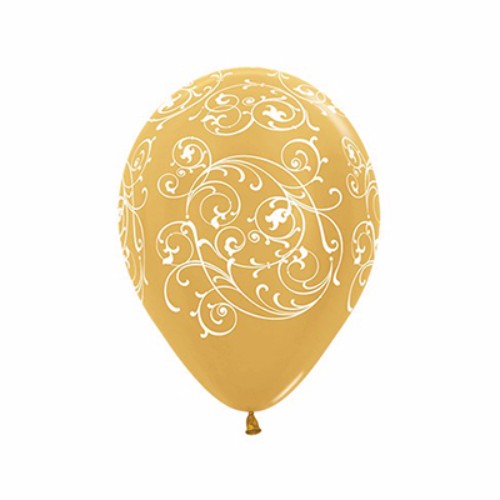 Pack of 12 classy metallic gold balloons with elegant filigree design, perfect for upscale celebrations and events.