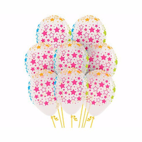 Pack of 12 balloons with bold neon stars on clear latex, perfect for lively celebrations and vibrant decor.