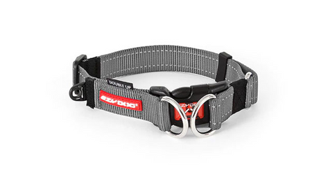 EzyDog Double Up Dog Collar in Grey, medium size with soft webbing, double D-rings, and reflective for safety.