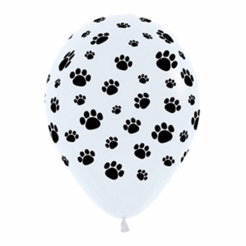 Pack of 12 black and white latex balloons featuring cute animal paw prints, ideal for pet-themed celebrations.