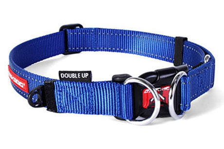 Durable blue EzyDog collar with double stainless steel D-rings, soft webbing, and reflective stitching for added safety.