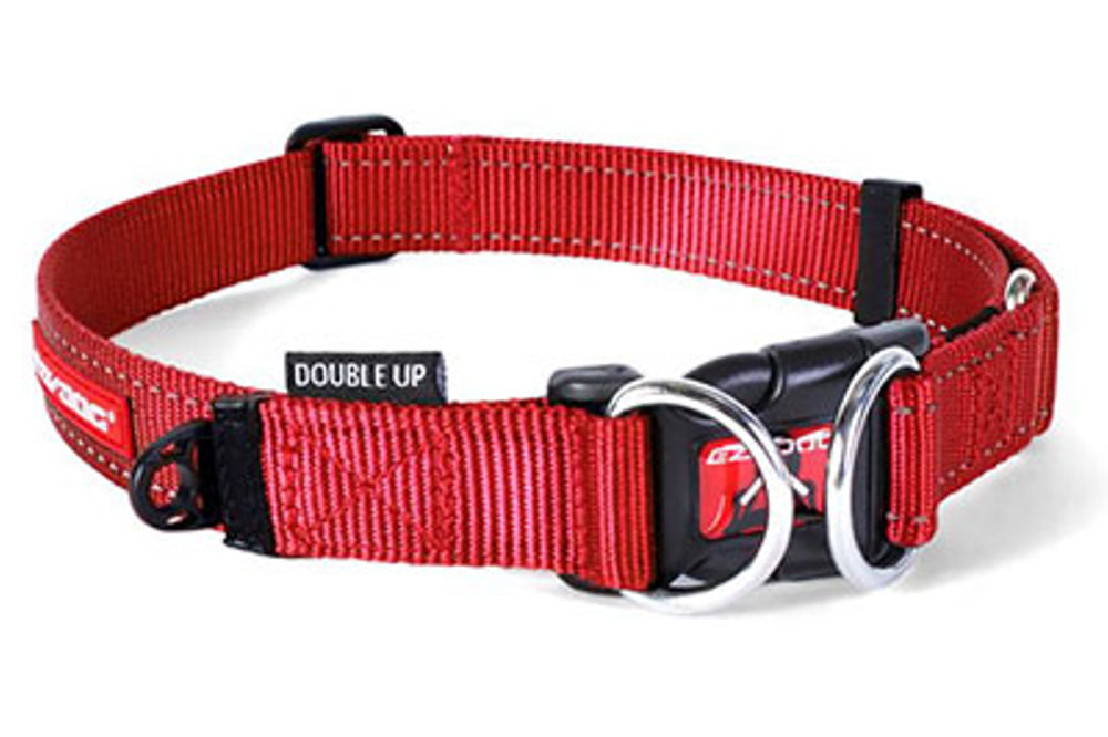 Ezy Dog Collar Double Up in red, large size with dual Stainless Steel D-Rings for added security and Soft Touch Webbing for comfort.