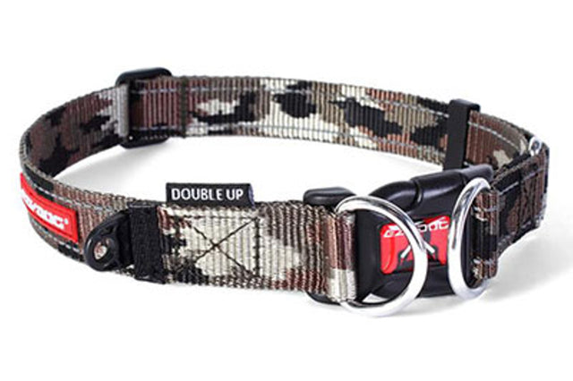 Ezy Dog Double Up Collar in Camo, large size, features dual stainless steel D-Rings, soft webbing, and reflective stitching for safety.