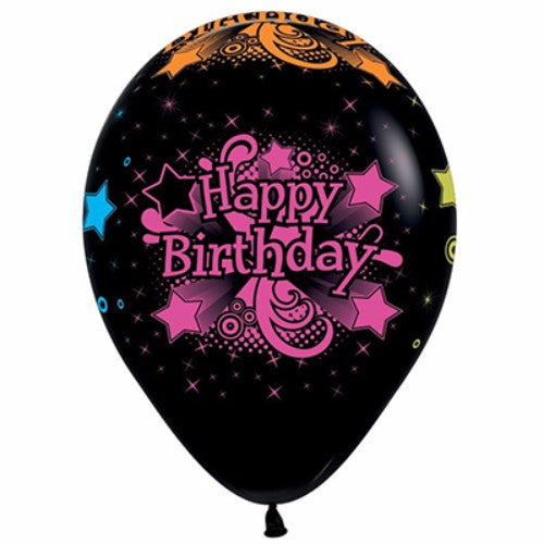 Pack of 12 black and neon latex balloons with "Happy Birthday" all-over print, each 30cm in size.