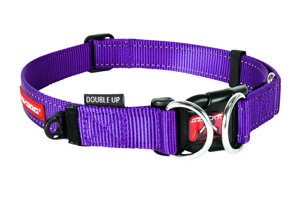 Purple Ezy Dog Collar Double Up, Large size, features double D-Rings for security, soft webbing, and reflective stitching for safety.