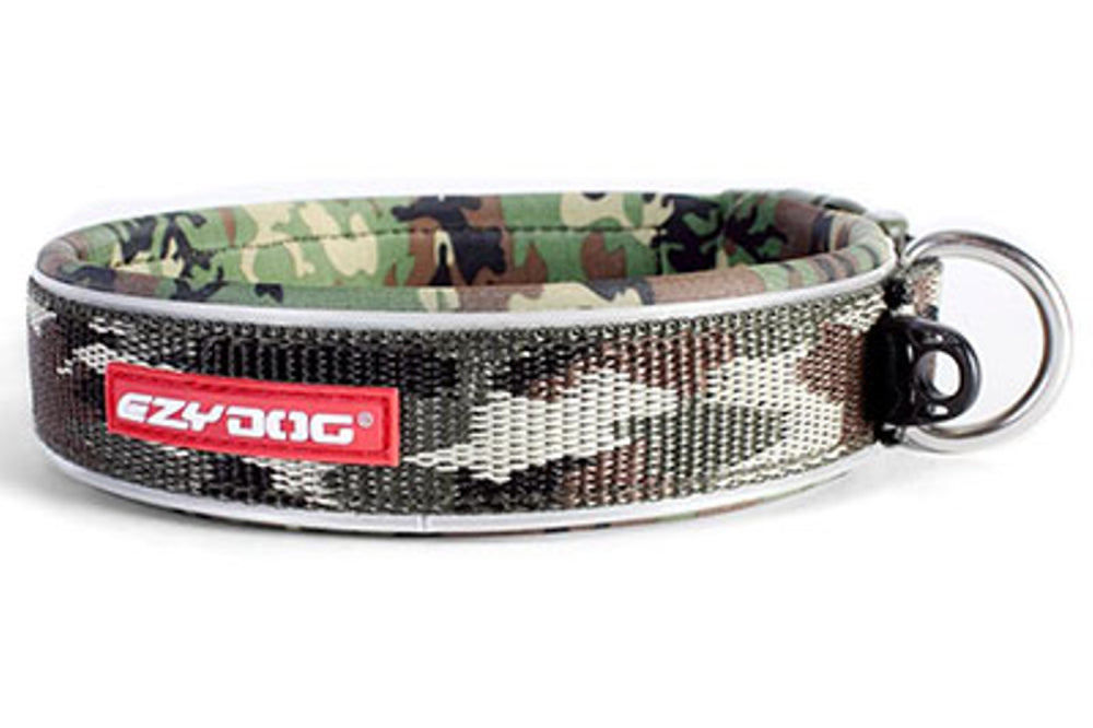 Ezy Dog Neo Camo Dog Collar for small breeds, waterproof, quick-drying, with reflective piping and durable stainless steel D-Ring.