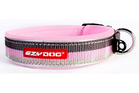 EzyDog Neo XL Dog Collar in Candy, featuring waterproof neoprene, reflective piping, and a quick-release buckle for durability.