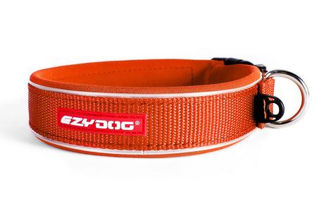 Medium orange EzyDog Neo dog collar made from soft neoprene, featuring waterproof design and reflective piping for safety.