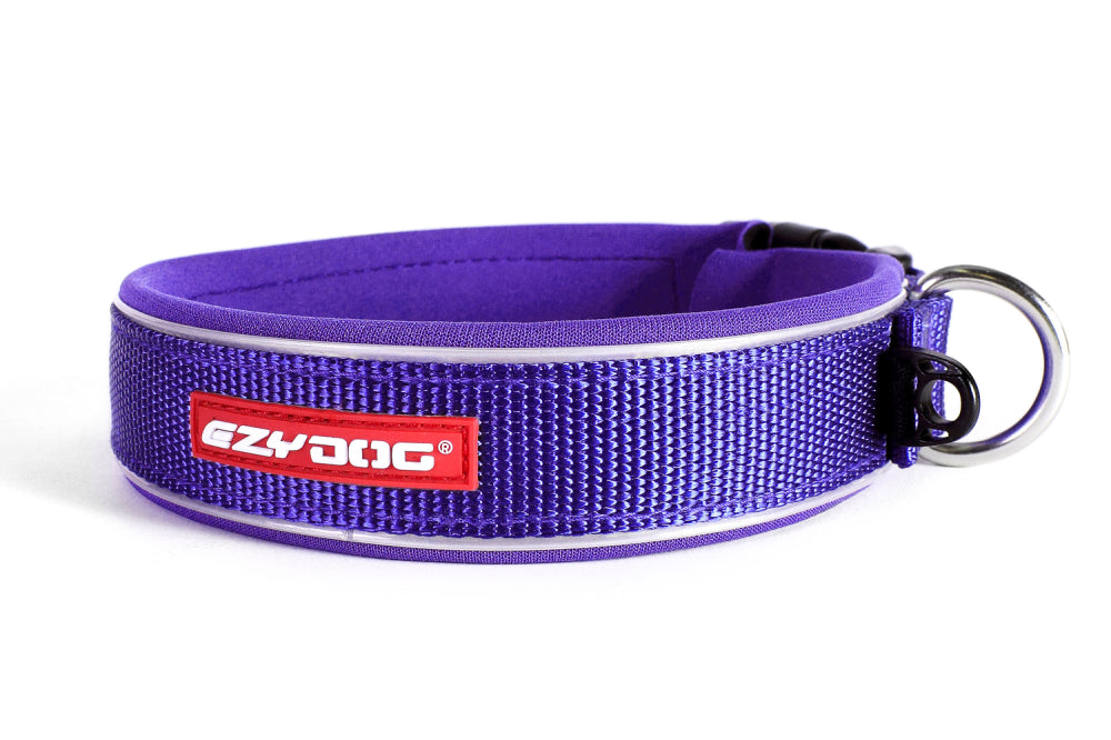 Purple EzyDog Neo Dog Collar in Medium, made of waterproof neoprene with reflective details and stainless steel D-Ring.