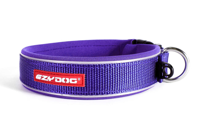 Large purple Ezy Dog Neo dog collar, made from waterproof neoprene with reflective piping and ID tag clip for added safety.